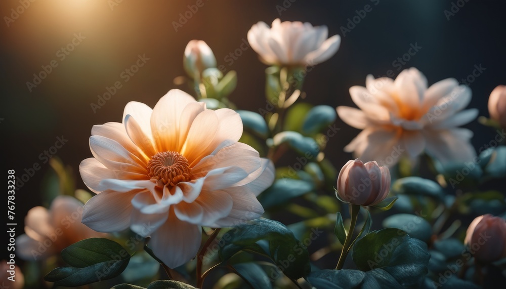 Soft sunlight filters through delicate pastel dahlias, highlighting the subtle beauty of their petals and buds in a serene garden setting.