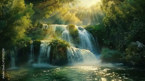 Mystical forest with cascading waterfalls and tales of fantasy. © Postproduction