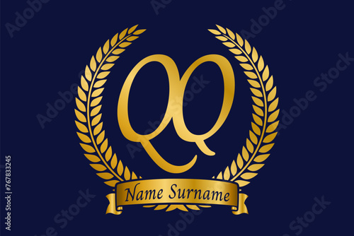 Initial letter Q and Q, QQ monogram logo design with laurel wreath. Luxury golden calligraphy font.