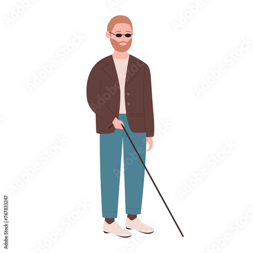 Blind man with walking stick. Man with visual disability, disabled people cartoon vector illustration