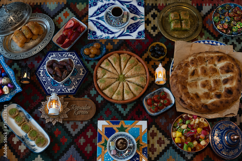 Ramadan Iftar Table. Muslim Family Having Dinner At Home. The fast ends with Dates or Turkish Pita. Ramadan Feast Celebrations, Eid Mubarak Concept Üsküdar Istanbul, Turkey (Turkey)