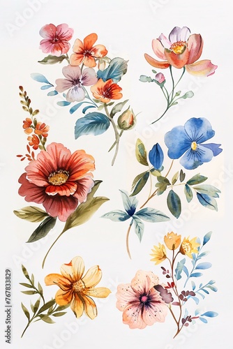 The Art of Nature  Set of Watercolor Flowers Painting  Featuring Floral Vintage Bouquets with Wildflowers and Leaves for a Touch of Elegance in Decor
