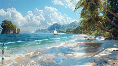 a picturesque scene of a tropical island's sandy beach lined with swaying coconut palms and small sailboats gently bobbing by the shore. photo