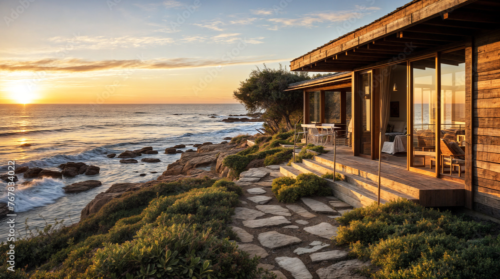 Modern wooden beach house at the sea during a sunset Modern wooden beach house at the sea during a sunset