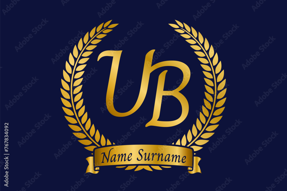 Fototapeta premium Initial letter U and B, UB monogram logo design with laurel wreath. Luxury golden calligraphy font.