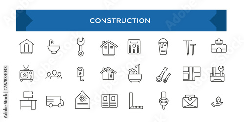 Construction and architecturethin line icon set. Outline symbol collection. Set of line icons related to labor, construction, labour day, renovation.