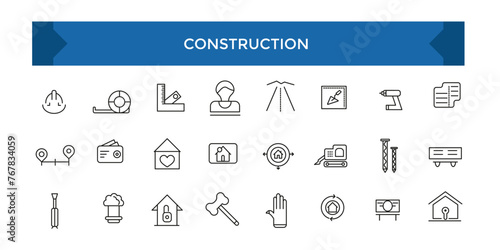 Construction and architecturethin line icon set. Outline symbol collection. Set of line icons related to labor, construction, labour day, renovation.