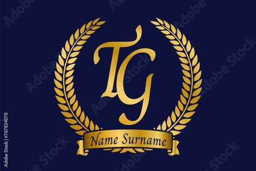 Initial letter T and G, TG monogram logo design with laurel wreath. Luxury golden calligraphy font.