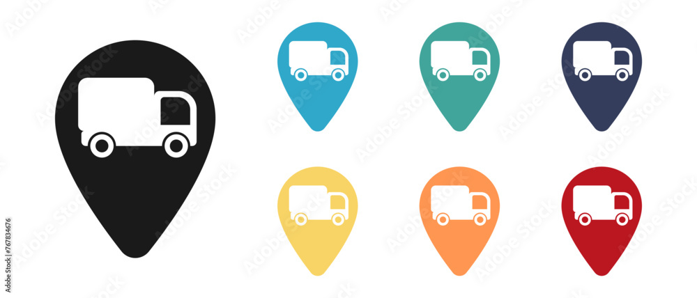Truck, delivery concept vector icons set. Mark it on the map. Illustration