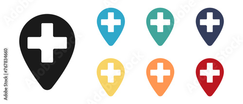 Medical cross, first aid concept vector icons set. Mark on the map. Illustration