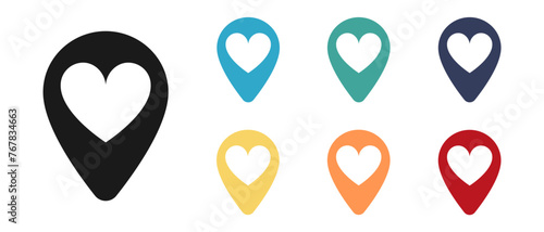 Heart, set of love concept vector icons. Mark it on the map. Illustration.