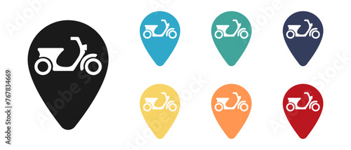 Scooter, delivery concept vector icon set. Mark on the map. Illustration