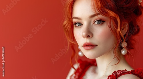 Redheaded Woman with Elegant Pose with Copy Space Available