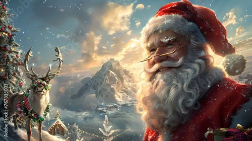 Babbo Natale e Renna Sfondo Santa Claus and Reindeer, generative ai photo
