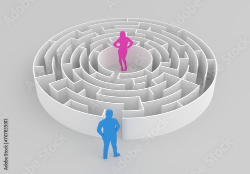 LABYRINTHE - Homme et femme dans un labyrinthe veulent se retrouver dans une stratégie de réussite
