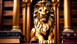 A majestic gold lion statue stands guard in a luxurious library setting, symbolizing wisdom and guardianship amidst scholarly tomes.