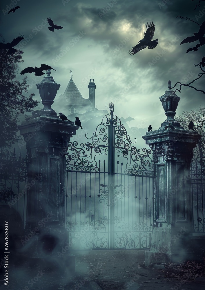 A spooky gate with crows and fog from a fairy tale.