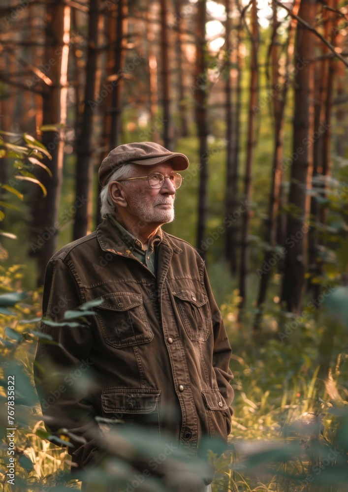 An old man enjoys a moment in the forest.