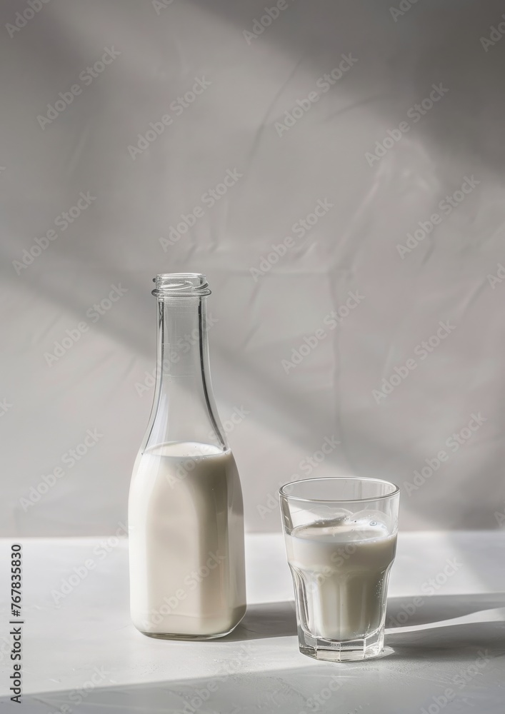 Milk in a bottle with a glass cup next to it on a light background. Milk in a bottle with a glass cup next to it on a light background.