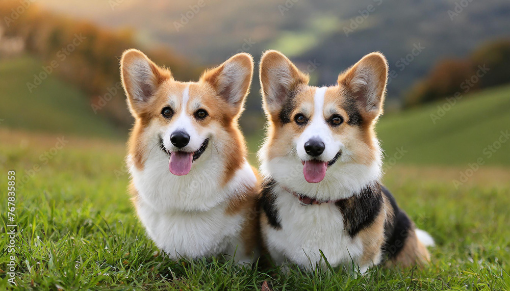 best friendship of different breeds between Corgi and Jack Russell Terrier. Two of them crouched close together in the grass.  The picture shows the bond of the two animals.