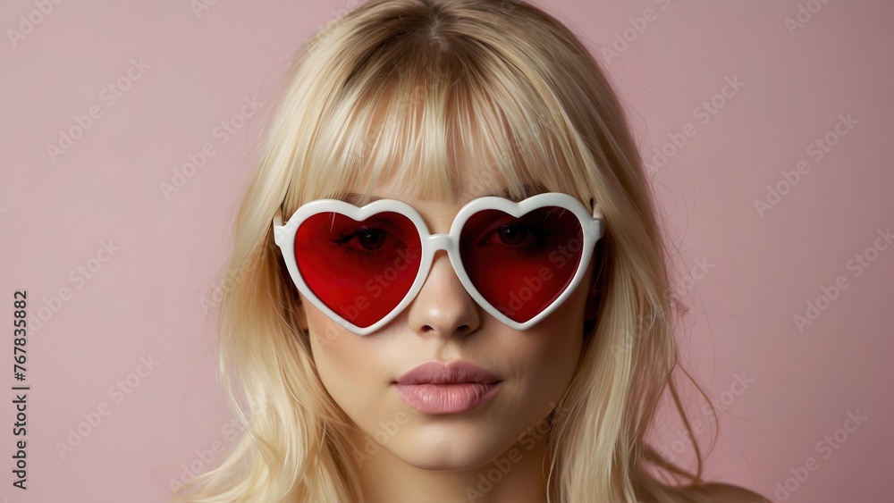 Studio portrait of a cool young blonde woman posing wearing heart shaped love sunglasses Studio portrait of a cool young blonde woman posing wearing heart shaped love sunglasses