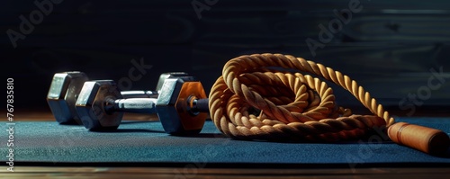 Dumbbells with a skipping rope and a mat on a dark background. photo