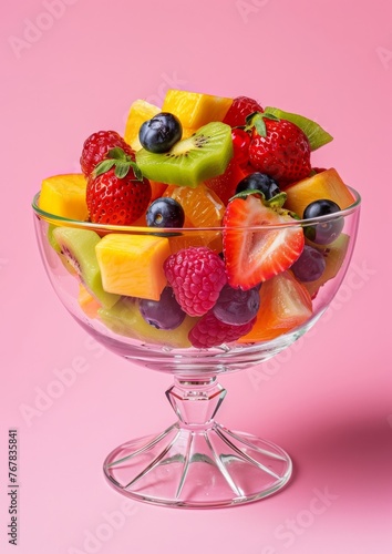 Fresh fruit salad in a glass bowl on a pink background.