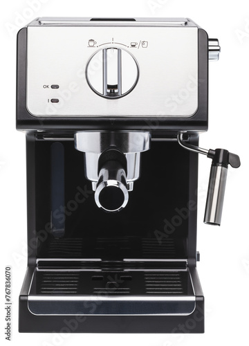 Espresso coffee machine with milk frother and portafilter isolated photo