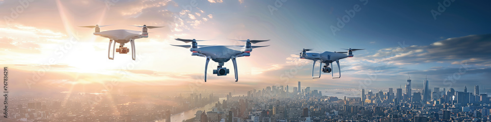 A trio of drones equipped with cameras hovers above an urban skyline bathed in the soft light of dawn - obrazy, fototapety, plakaty 
