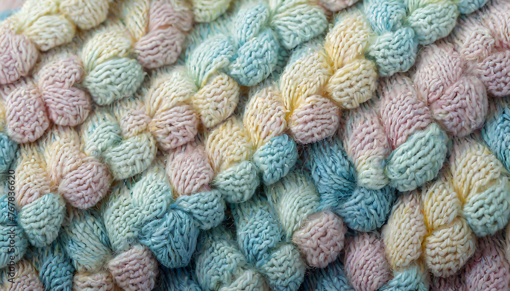 Pastel Knitted Wool Texture Close-Up background. soft knitted wool texture in Earth Tone colors, showcasing the intricate pattern and cozy craftsmanship of the fabric.