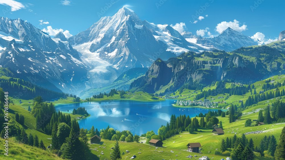 A picturesque view of the Swiss Alps, with snowcapped peaks and lush green meadows