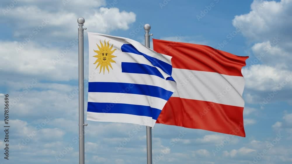 Austria and Uruguay two flags waving together, looped video, two country relations concept Austria and Uruguay two flags waving together, looped video, two country relations concept