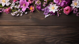 Flower background with copy space on a rustic wooden tabletop setting