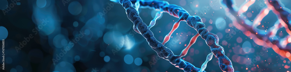 A detailed visualization of a DNA strand highlighted with blue and red accents on a dark background