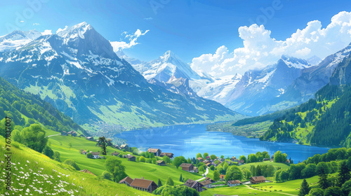 A picturesque view of the Swiss Alps, with snowcapped peaks and lush green meadows © Kien