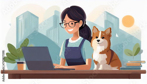 Simple flat vector illustration of a [woman sitting at her desk with a puppy while working on her computer], study place, full body, isolated on a white background