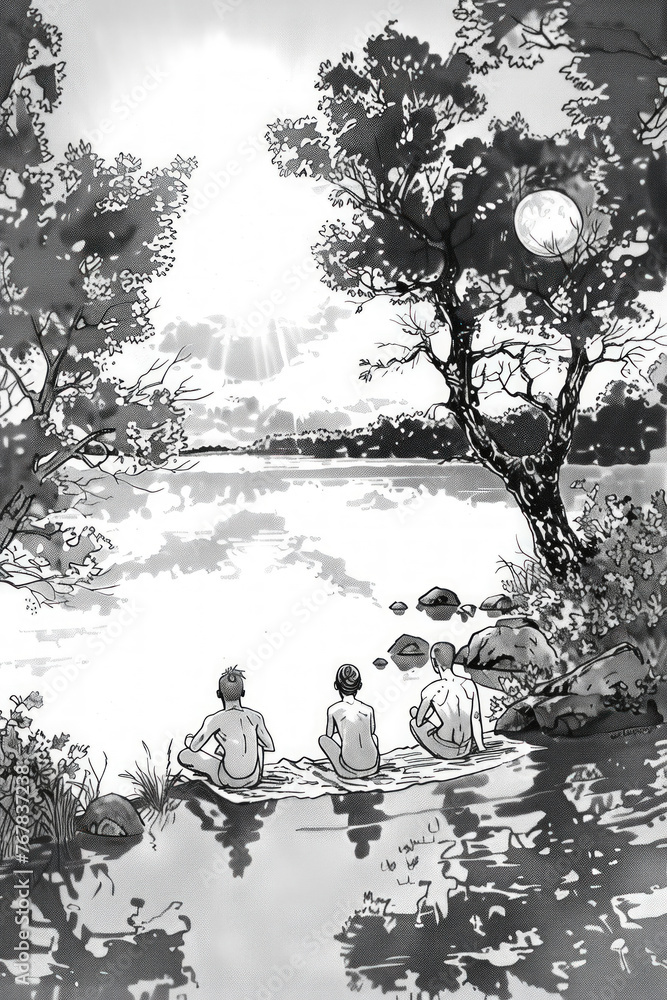 Three individuals sitting on top of a lake, enjoying the view and each others company on a sunny day