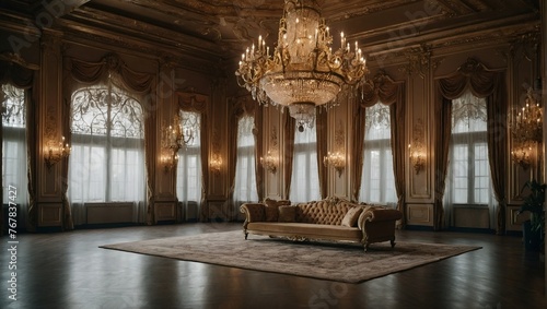 A luxurious hall decorated with chandeliers and ornate furnishings