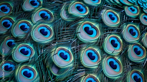A close-up of a vibrant peacock feather showcases its dazzling blue and green colors and intricate eye patterns  peacock, feathers, bird, animal, blue, green, iridescent, close-up, nature, wildlife, p photo