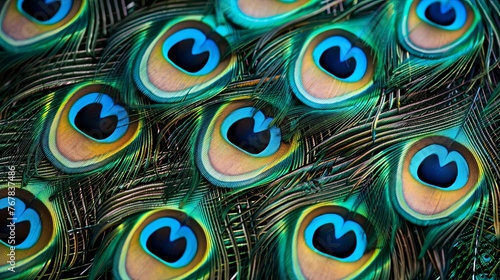 A close-up of a vibrant peacock feather showcases its dazzling blue and green colors and intricate eye patterns  peacock, feathers, bird, animal, blue, green, iridescent, close-up, nature, wildlife, p © Sittipol 