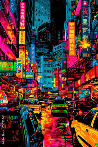 Vibrant painting depicting a bustling city street filled with vehicles navigating through heavy traffic