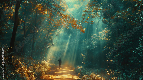 Mental Wellness in Nature. A serene forest path bathed in dappled sunlight. A person walks along the path, taking a deep breath and enjoying the peacefulness of nature. photo