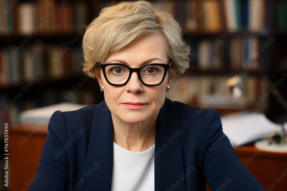 Portrait of middle-aged businesswoman in glasses against office shelves with documents Portrait of middle-aged businesswoman in glasses against office shelves with documents