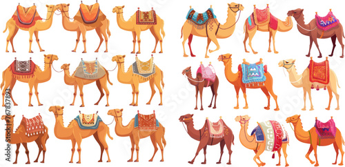 Wild and domesticated desert caravan animals with saddle