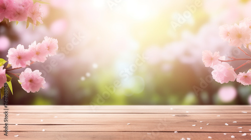 Wooden table background with copy space and a dreamy cherry blossom overlay