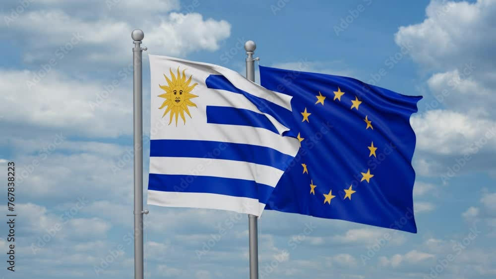 European Union and Uruguay two flags waving together, looped video European Union and Uruguay two flags waving together, looped video