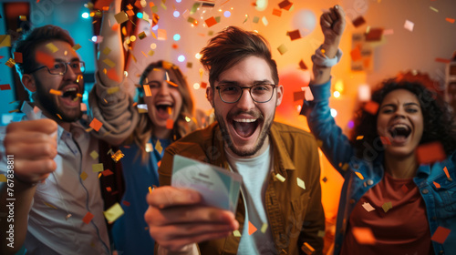 Group of young adults celebrating with confetti and excitement, one man holding tickets and making a victory gesture. photo