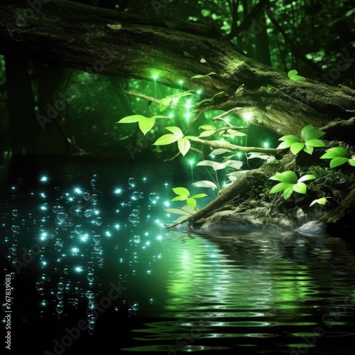 A tree branch is lit up with green lights, creating a serene