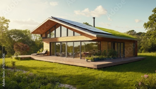 A modern sustainable house with a green roof, large windows, and a spacious wooden deck, nestled in a tranquil natural setting.