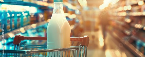 Bottled milk placed in a shopping cart in a store. photo